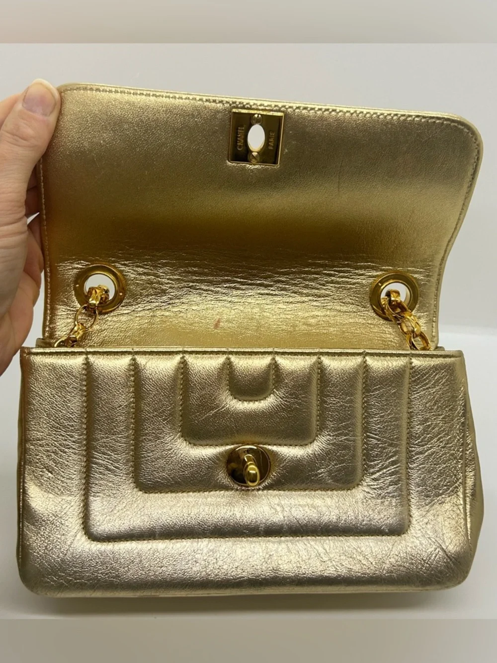 CHANEL Vintage Metallic Gold Vertical Quilt Bijou Chain Mini Border Flap Bag